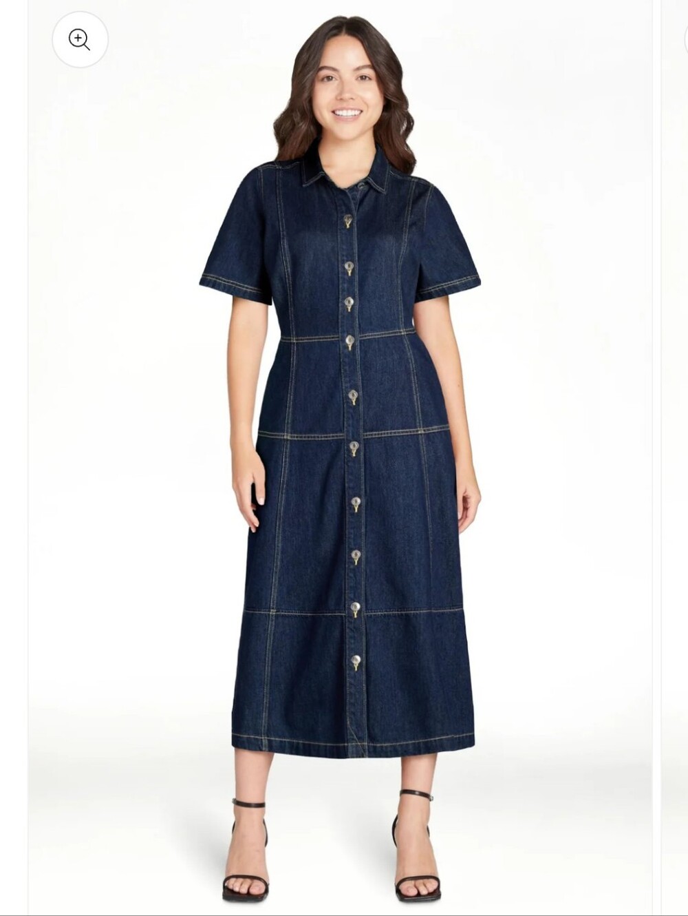 Button-Front Dark Blue Denim Midi Dress